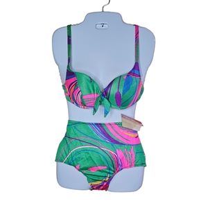 Jantzen women's green multi colour  2 piece spaghetti strap swimsuit size L